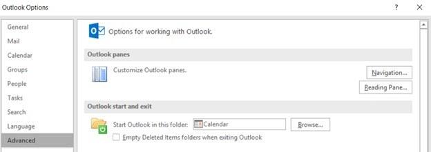 How to set up Calendar as the default view in Microsoft Outlook. File/Options/Advanced/Start Outlook in this folder: Select Calendar